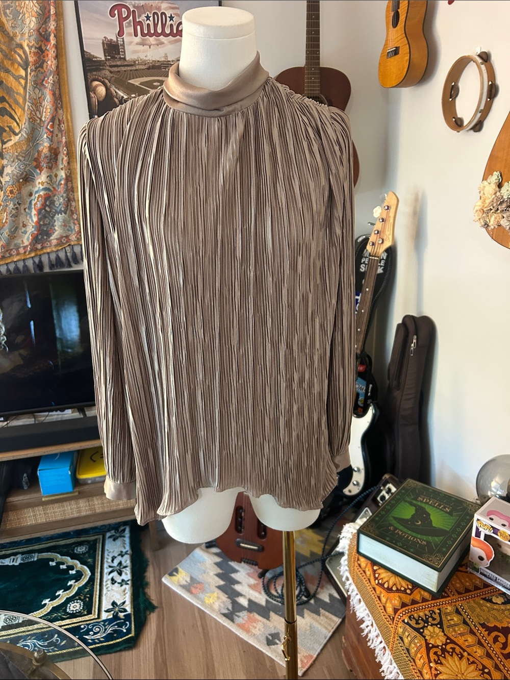 Vintage Hal Ferman Pleated Taupe Mock-Neck Blouse